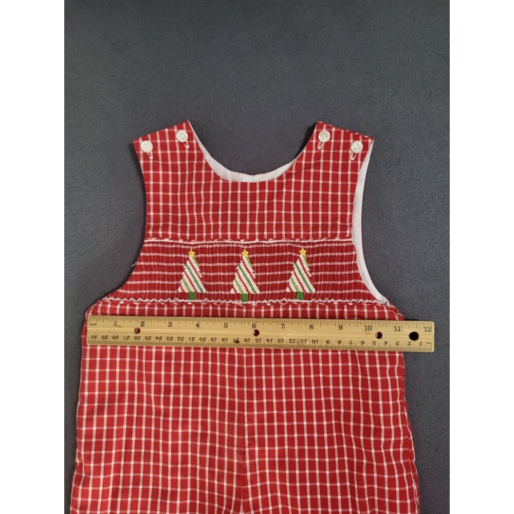 VTG 12M Red Checkered Christmas Tree Smocked Jon Jon Romper One Piece Preppy - Picture 4 of 8